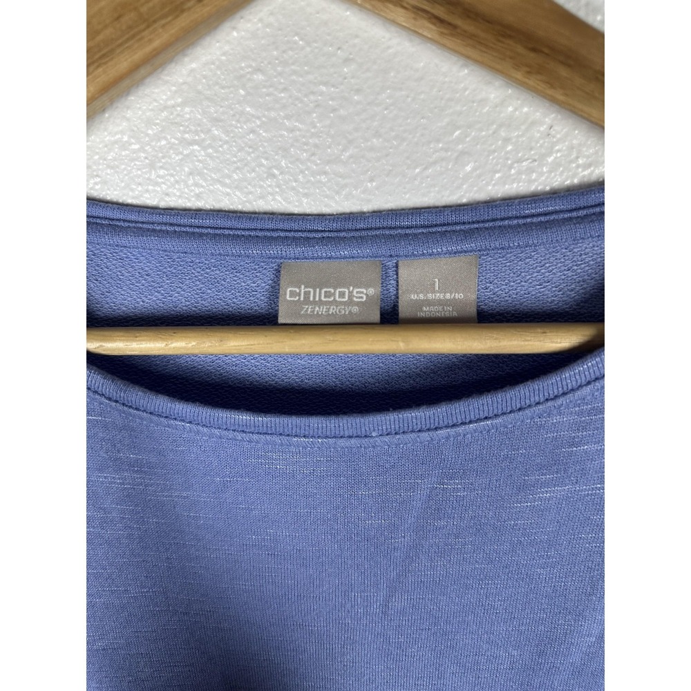 Chico's Zenergy Blouse Womens 1 Blue Button Sleeve Crew Neck Tunic‎ Top Jersey - Picture 6 of 7